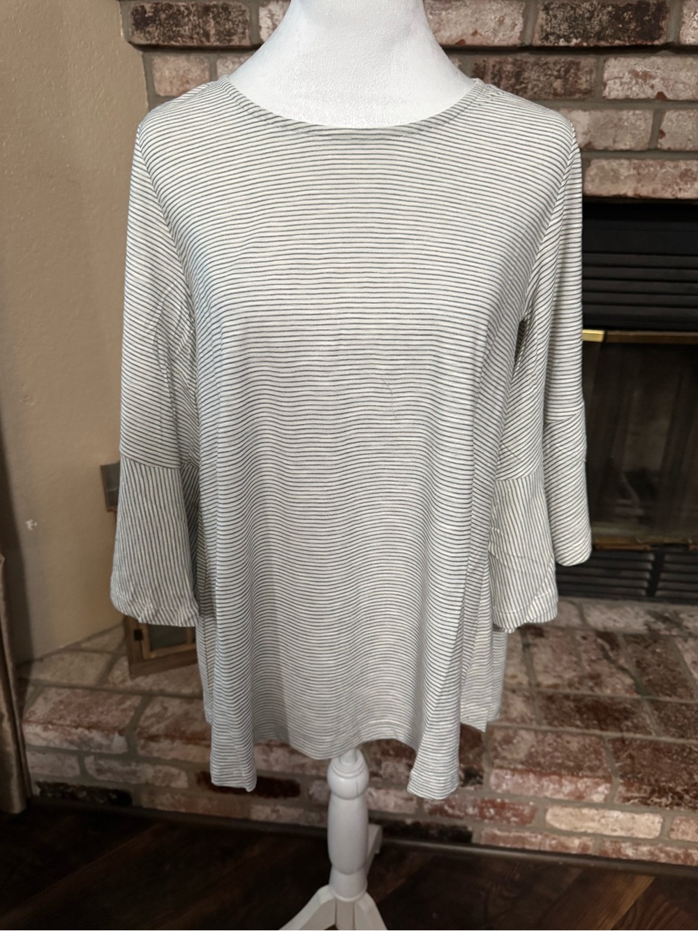 Mystree Pinstripe Bell Sleeve Swing Top - Picture 2 of 7